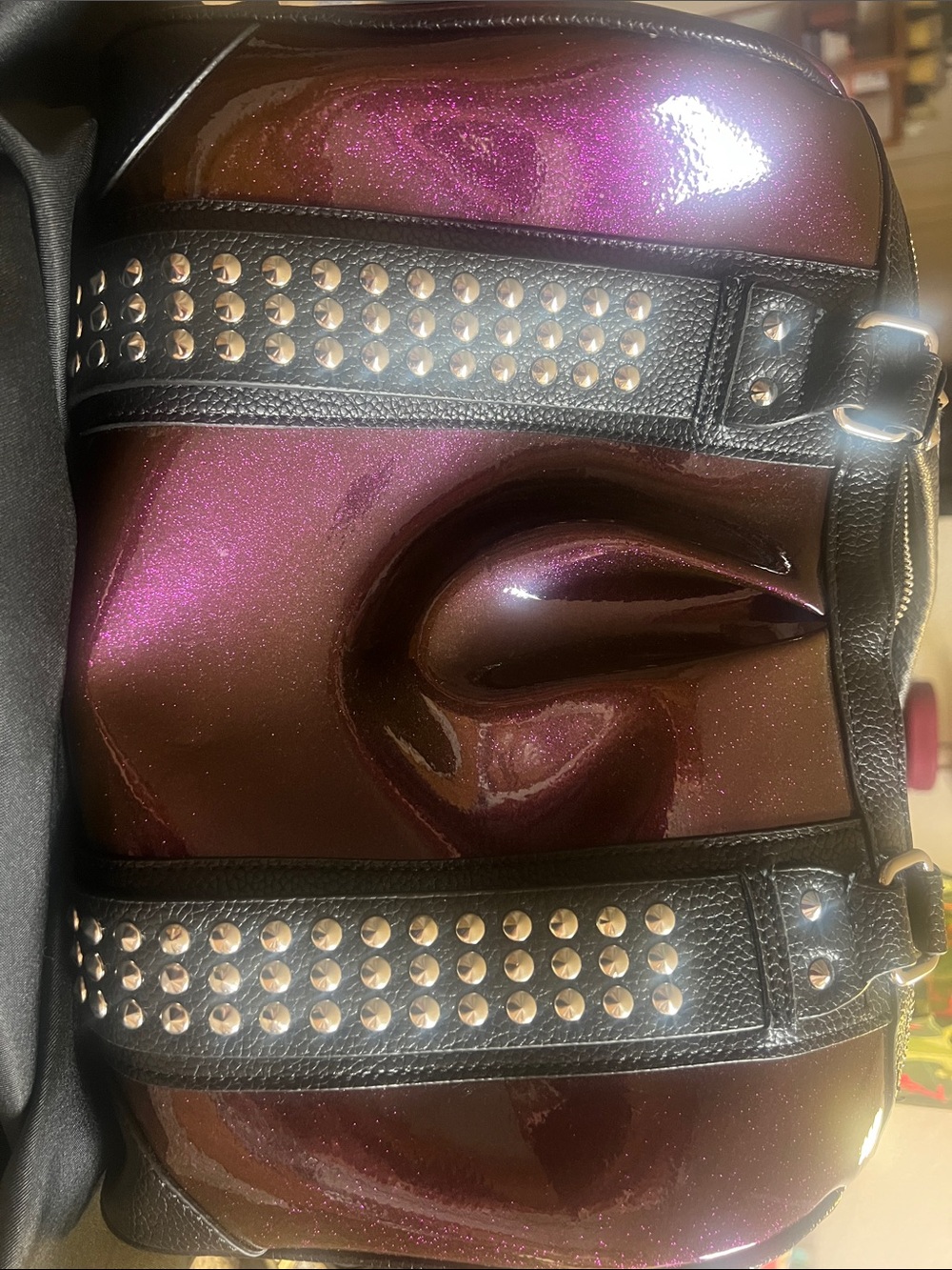 Lux de Ville Sparkle Plum Patent Duffel with Black Trim
